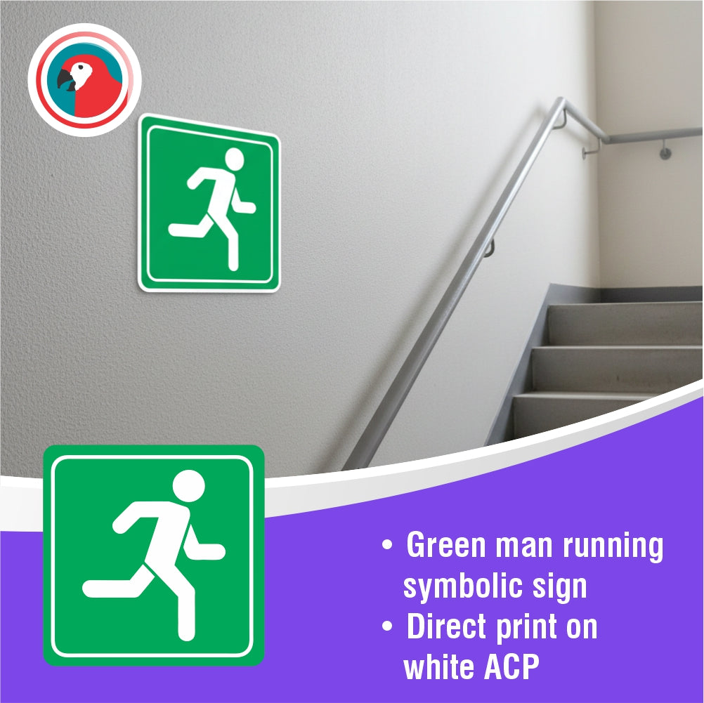 Green Man Running Symbolic Sign - Printed on White ACP (150 x 150mm)