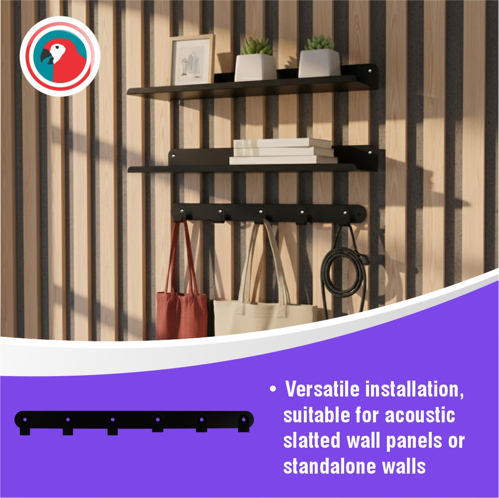 Slatted Panel Multi-Hook Bracket Black Steel Wall Hook Rail
