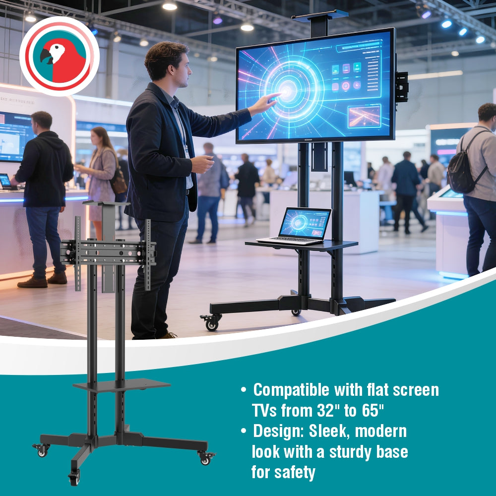 Mobile TV Stand for 32"65" Screens with Adjustable Height & AV Shelf