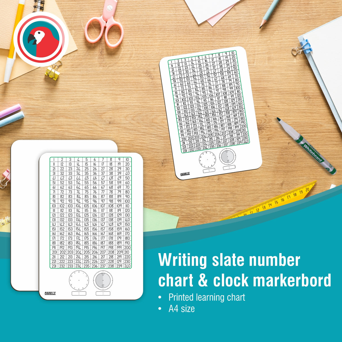 WRITING SLATE NUMBER CHART AND CLOCK MARKERBORD 297*210MM TENS