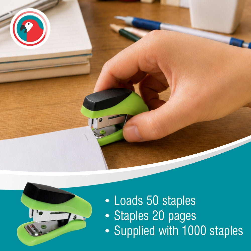 STAPLER PLASTIC MINI GREEN + STAPLES (1000x26/6)