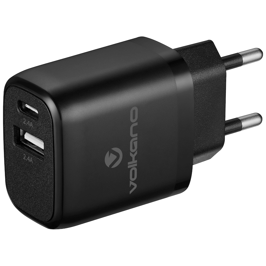 Volkano Cupla Series 5v/2.4a 12w Dual USB-A & USB-C Wall Charger - Black