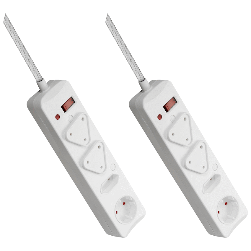 2x Switched 4-Way Surge Multiplug 3m Braided Cord - White