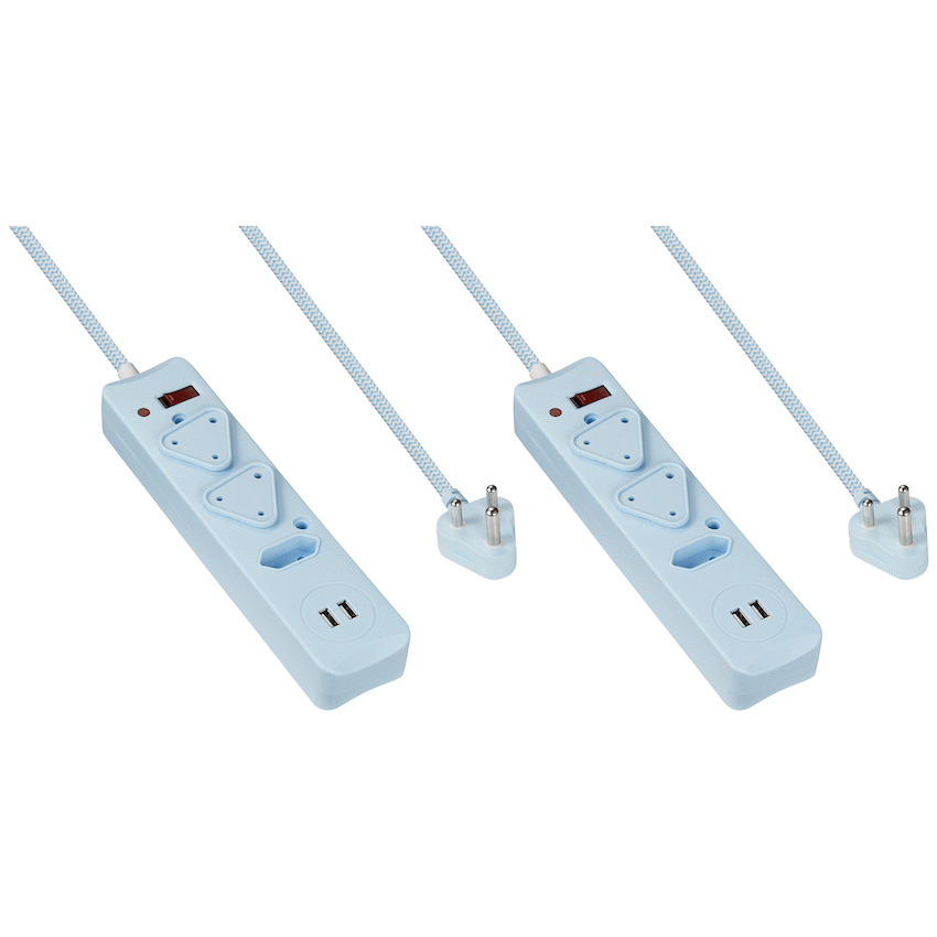 2x 3-Way Surge Multiplug with Dual USB Ports Blue - 0.5m