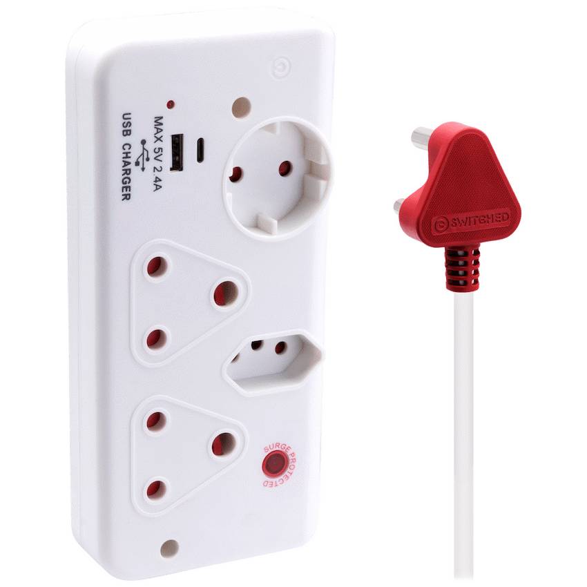 Switched 4-Way with 1x Type-C + 1x USB 2.4a Socket Medium Surge-Protected 0.5m