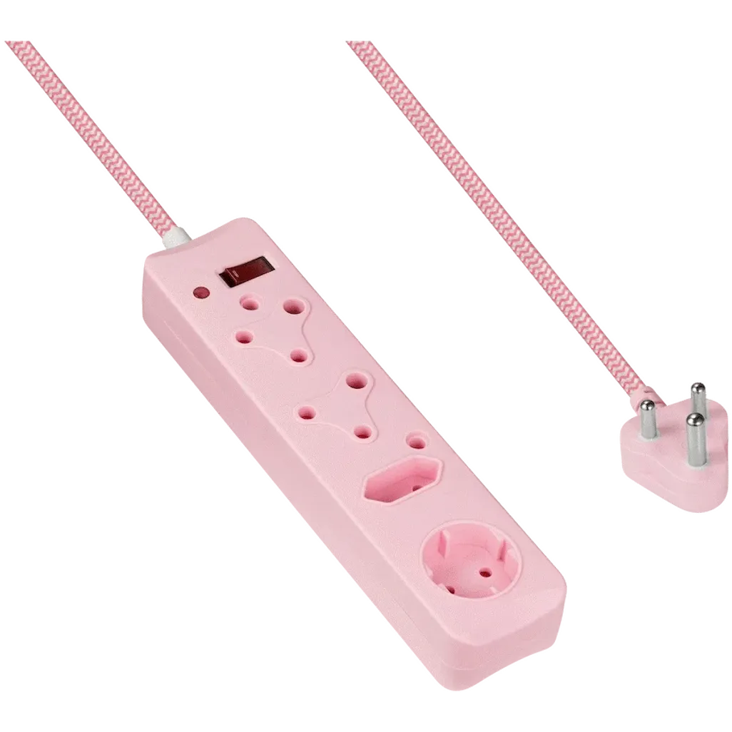 Switched 4-Way Surge-Protected Multiplug - 3m Braided Cord - Pink
