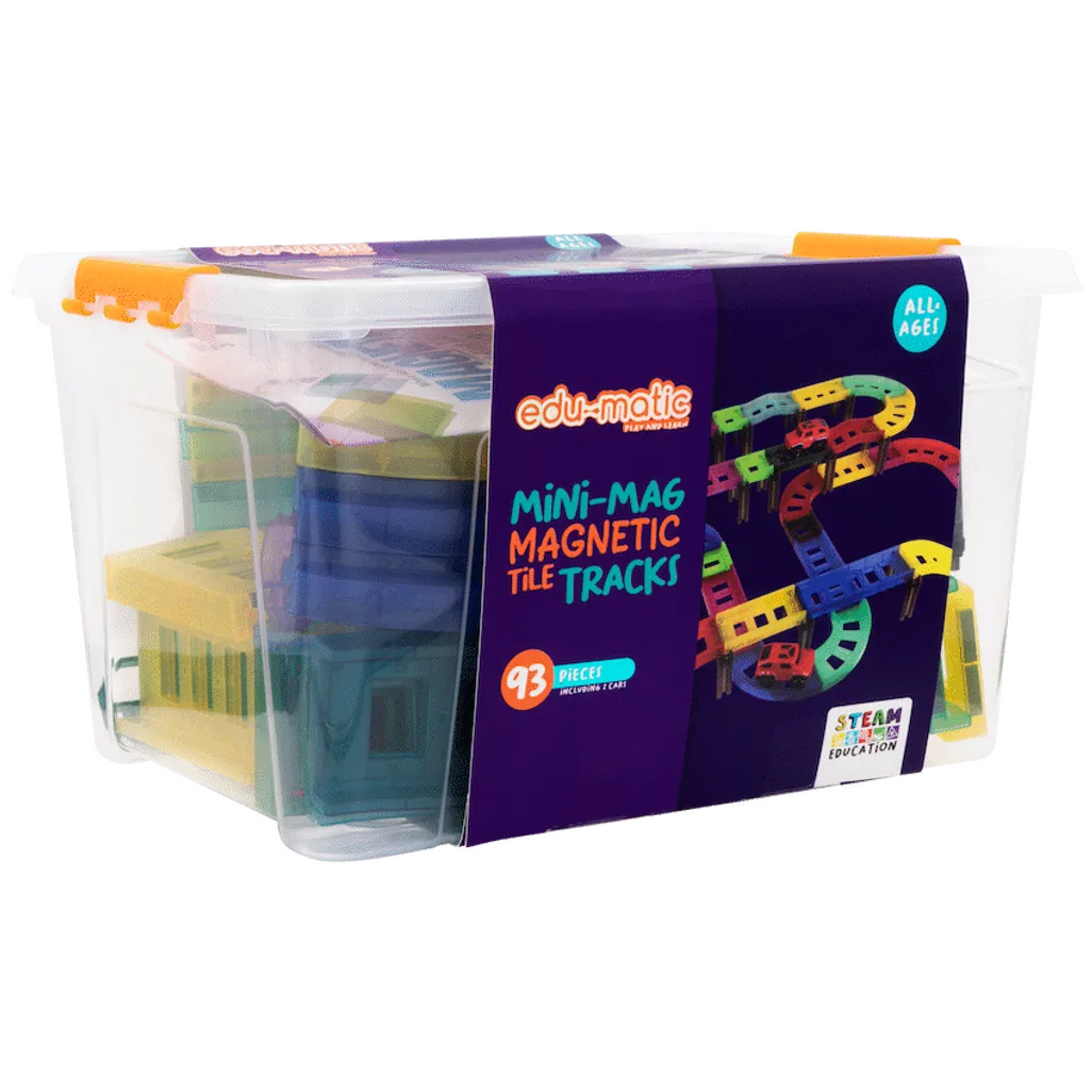Edu-Matic Mini-Mag Magnetic Tile Tracks with 2 Cars and 93 Pieces