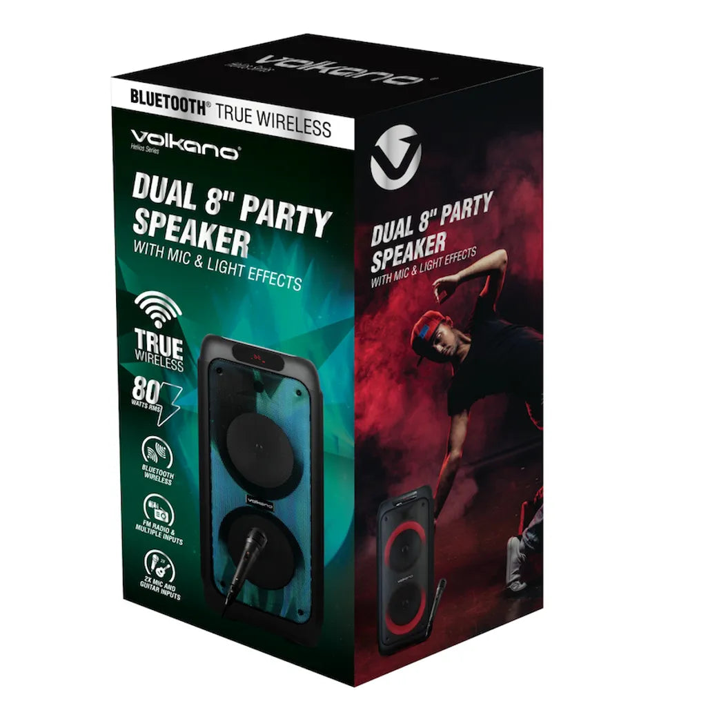 Volkano Helios Series Dual 8 inch Party Speaker with Microphone & Light Effects