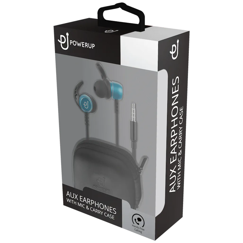 PowerUp E1 Series Aux Earphones with Carry Case - Blue