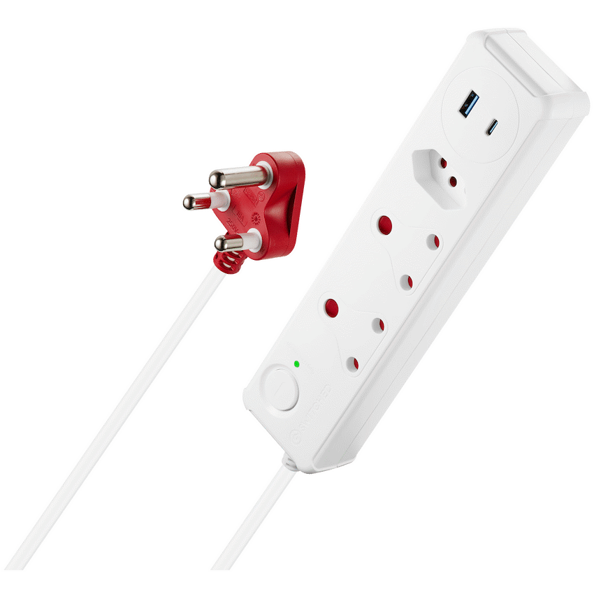 Switched 3-Way Medium Surge-Protected Multiplug with 1x Type-C + 3.4a USB Ports - 0.5m - White