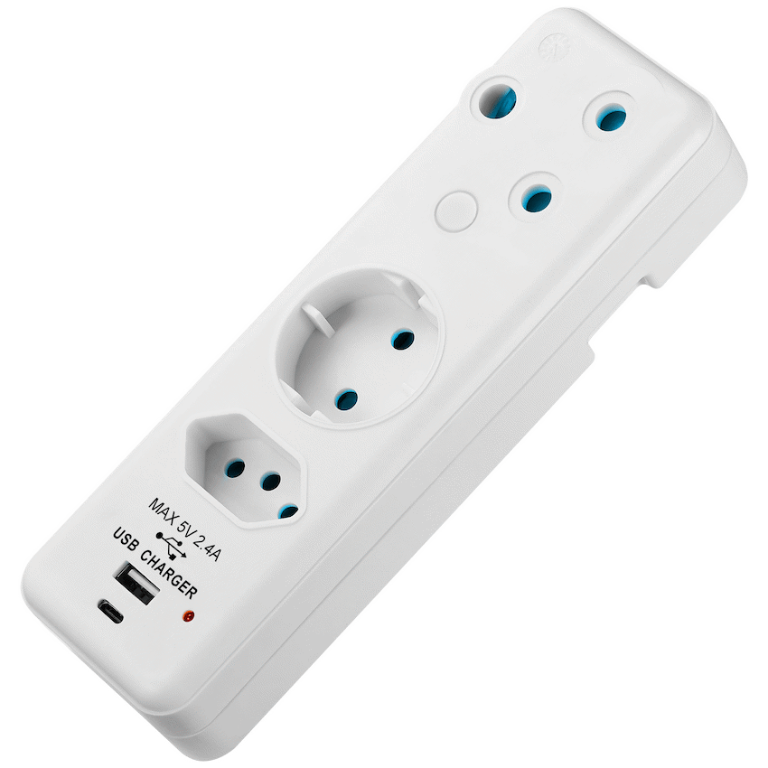 Ellies 3-Way Schuko Adaptor with Type-C + USB - White