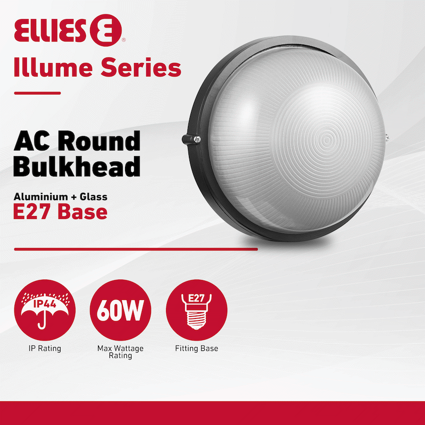Ellies Illume Series - AC Round Bulkhead - Aluminium + Glass - E27 Base -BK