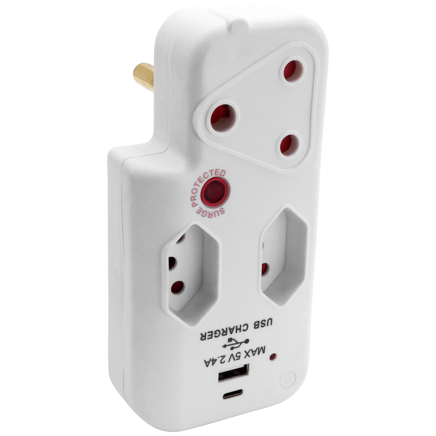 Switched 3-Way Medium Surge Adaptor with Type-C + USB - White