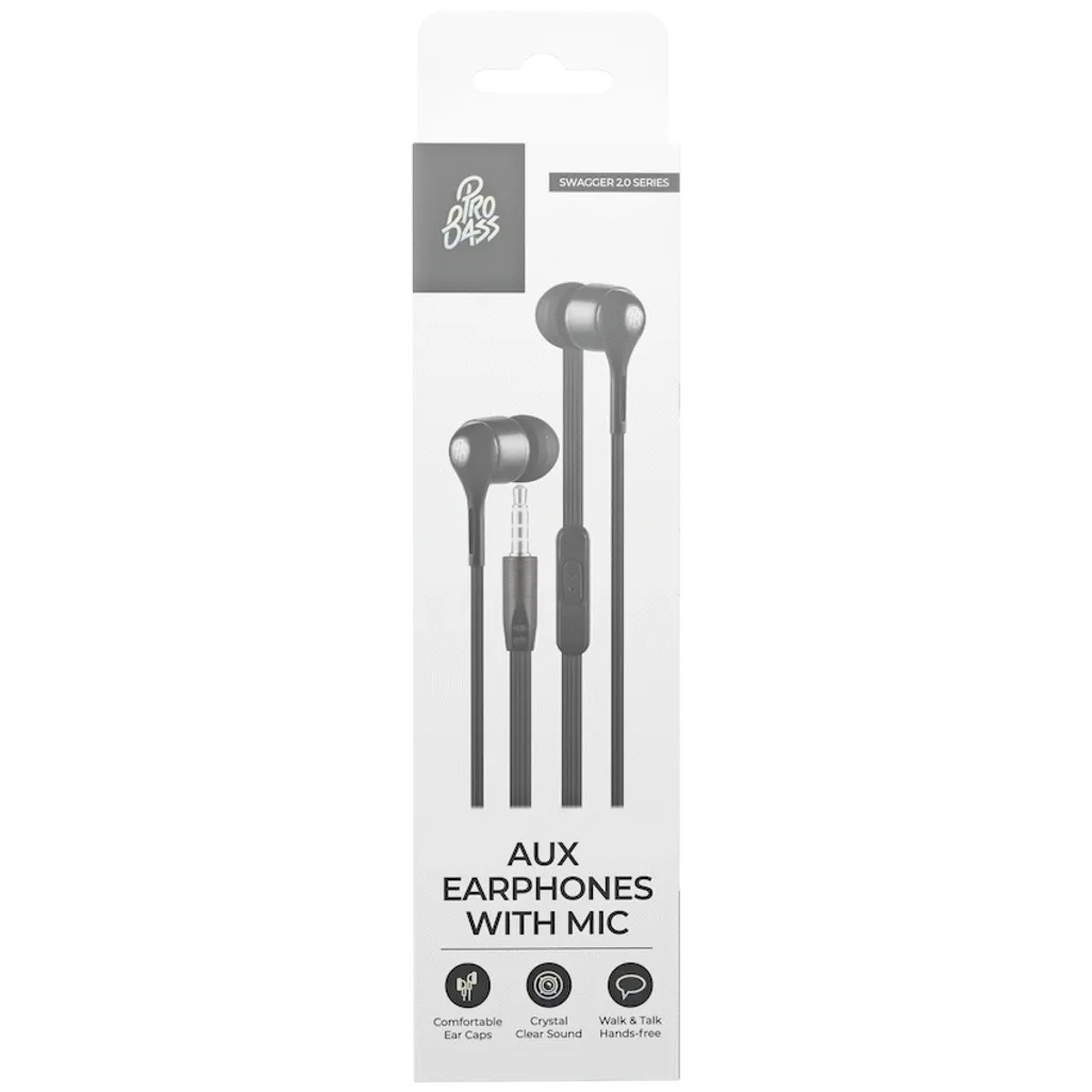 Pro Bass Swagger 2.0 Series - Boxed Auxiliary Earphone with Mic - Black