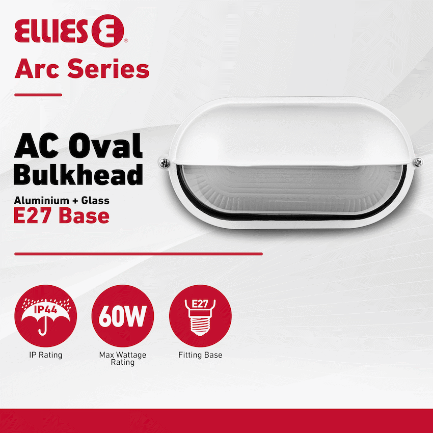 Ellies Arc Series - AC Oval Bulkhead - Aluminium  + Glass - E27 Base -WT