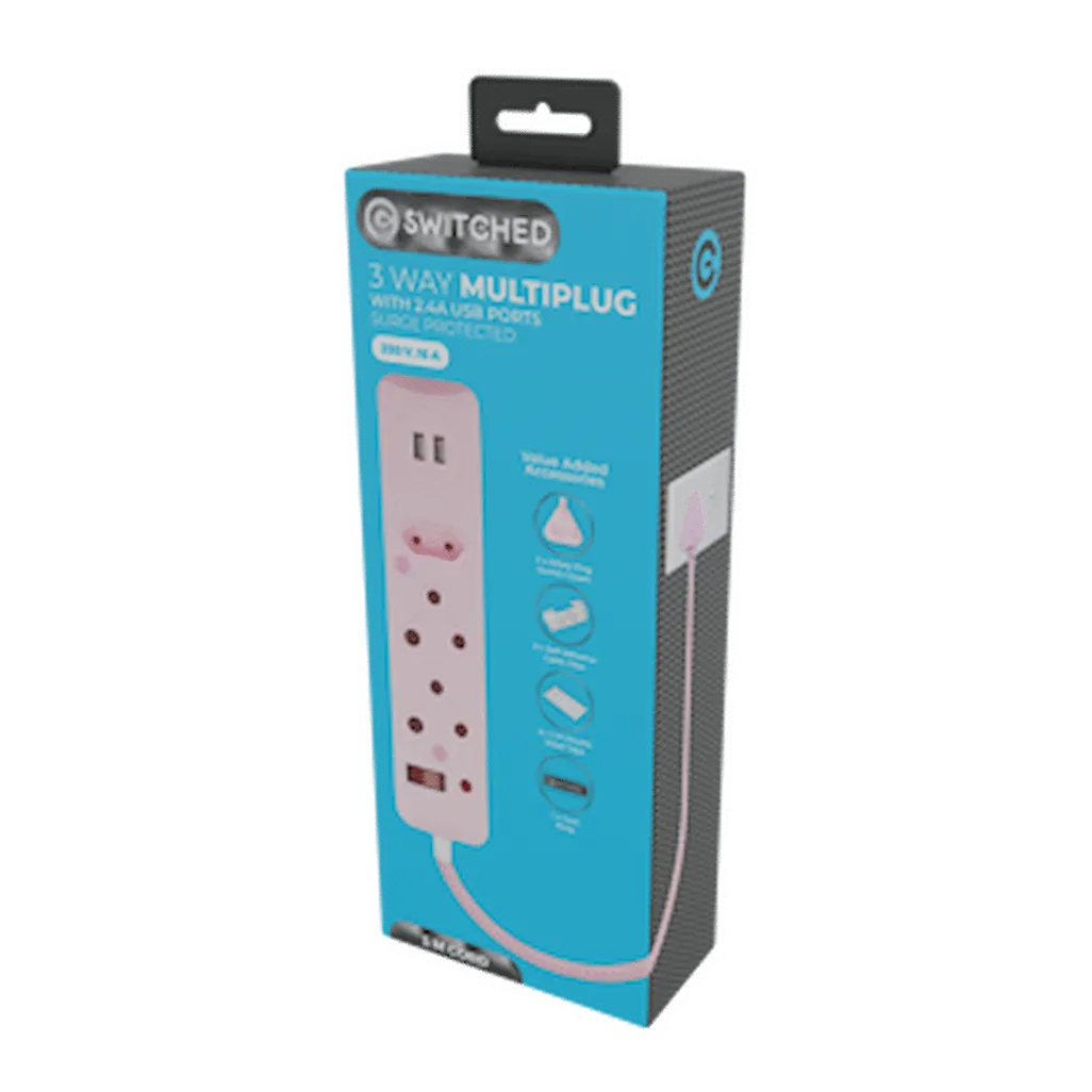 Switched 3-Way Surge-Protected Multiplug with Dual 2.4a USB Ports 3m Braided Cord