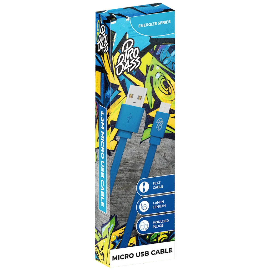 Pro Bass Energize Series Packaged Micro USB Cable - Blue 1.2m