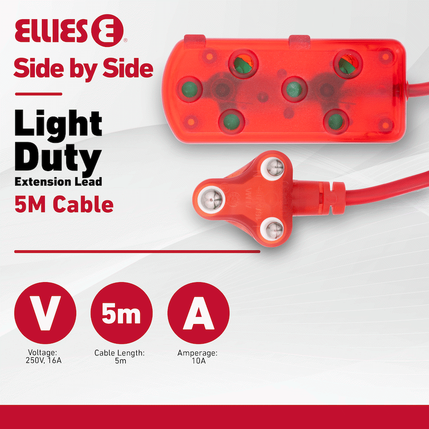 Ellies Side by Side Light Duty Extension Lead-5M - RD