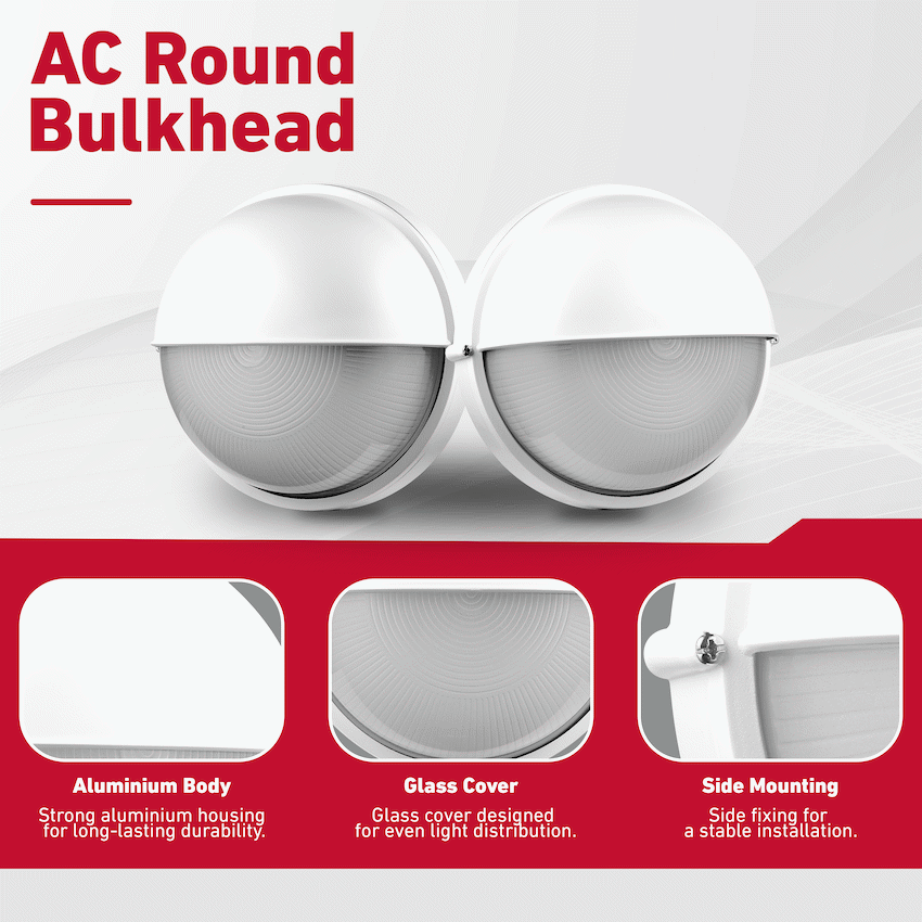 Ellies Arc Series - AC Round Bulkhead - Aluminium + Glass - E27 Base -WT