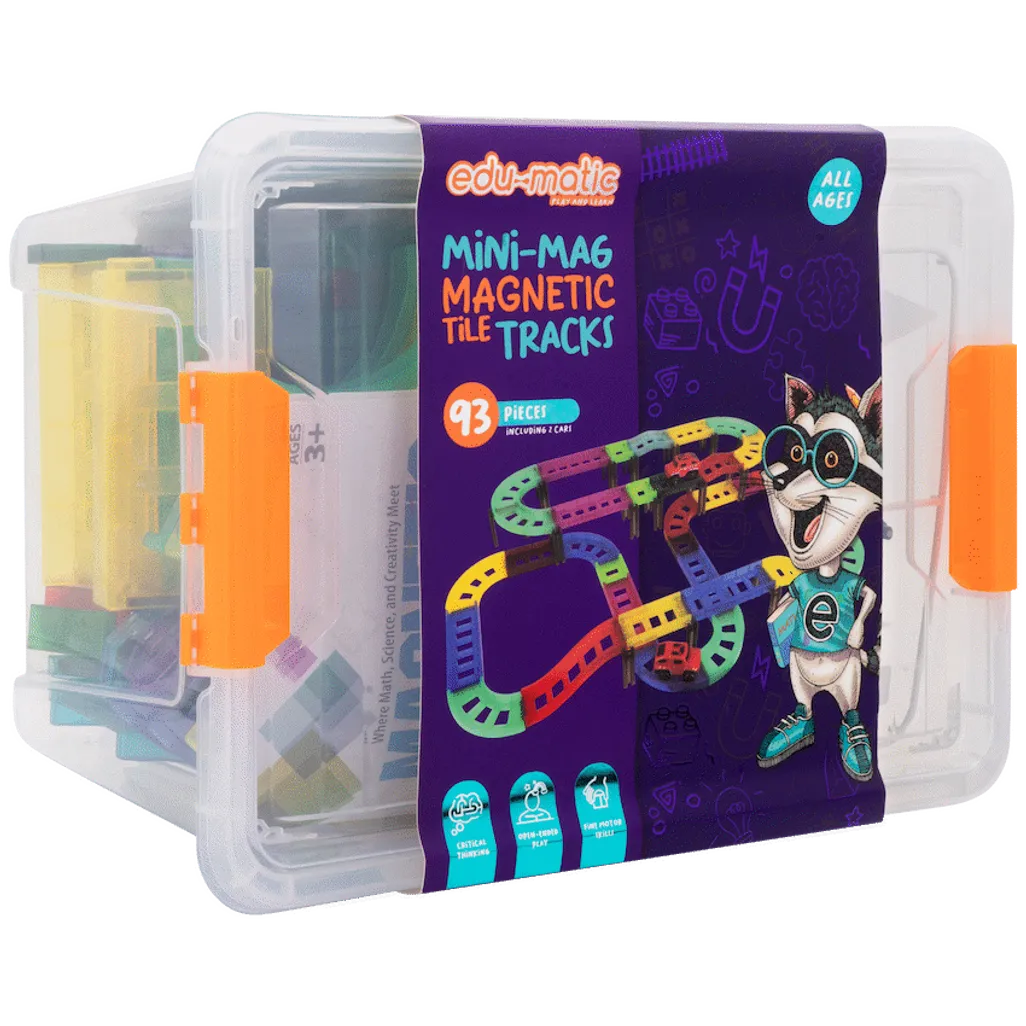 Edu-Matic Mini-Mag Magnetic Tile Tracks with 2 Cars and 93 Pieces