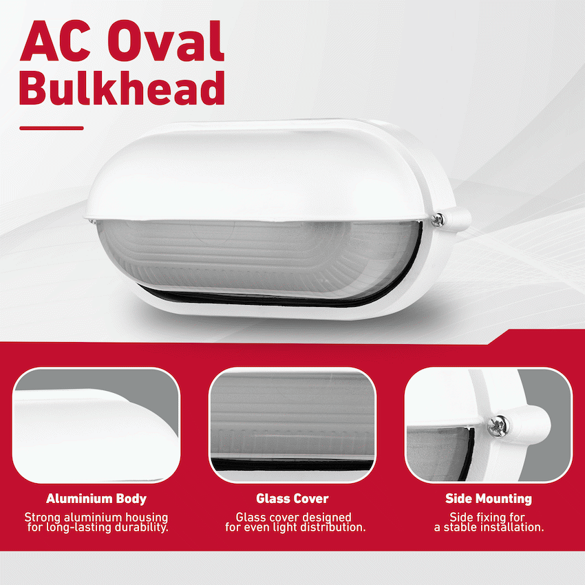 Ellies Arc Series - AC Oval Bulkhead - Aluminium  + Glass - E27 Base -WT