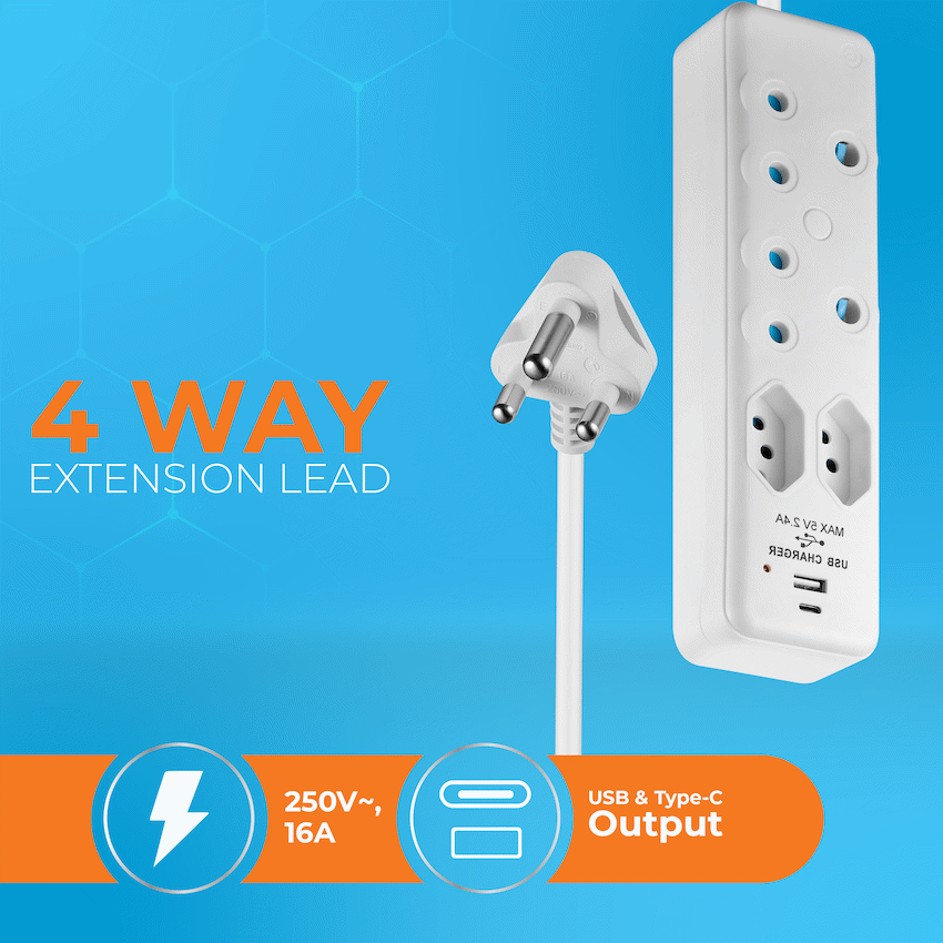 Switched 4-Way Extension Lead with 1x Type-C + 1x USB - 4m