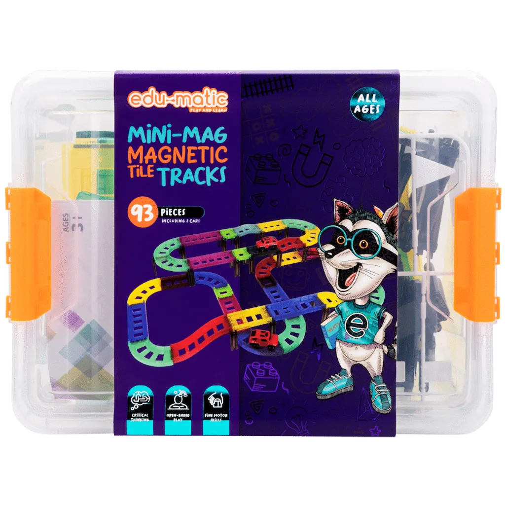 Edu-Matic Mini-Mag Magnetic Tile Tracks with 2 Cars and 93 Pieces