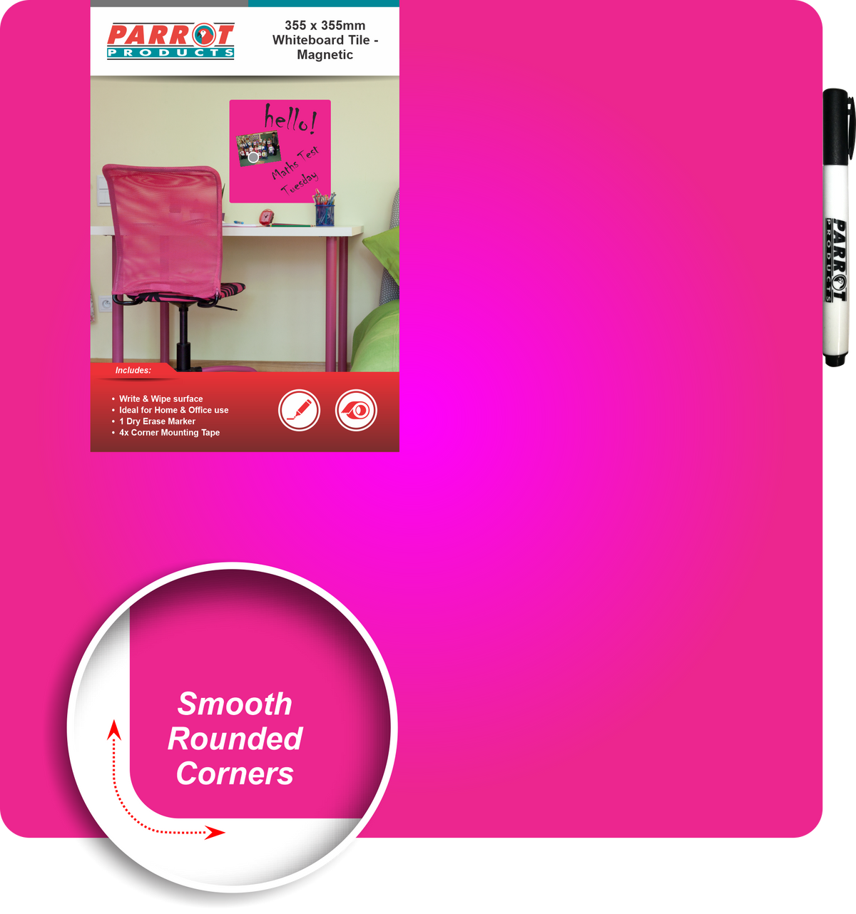 Parrot Products Magnetic Whiteboard Tile (355*355mm - Pink)