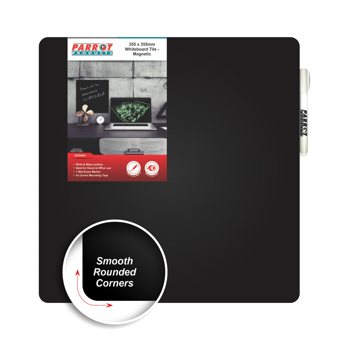 Parrot Products Magnetic Whiteboard Tile (355*355mm - Black)