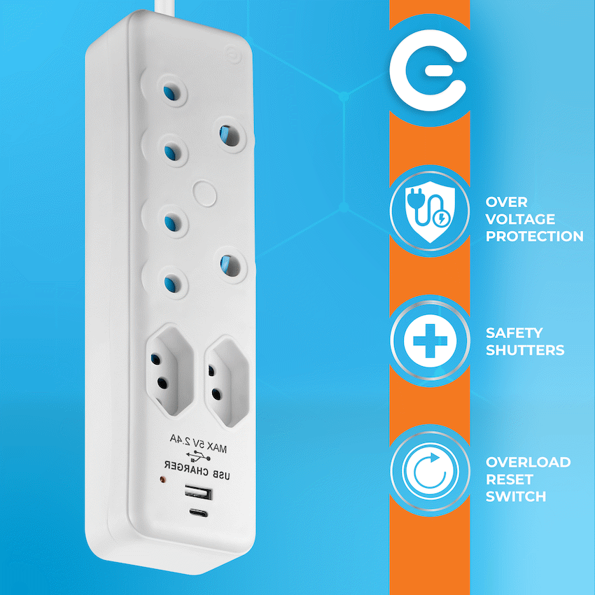 Switched 4-Way Extension Lead with 1x Type-C + 1x USB - 4m
