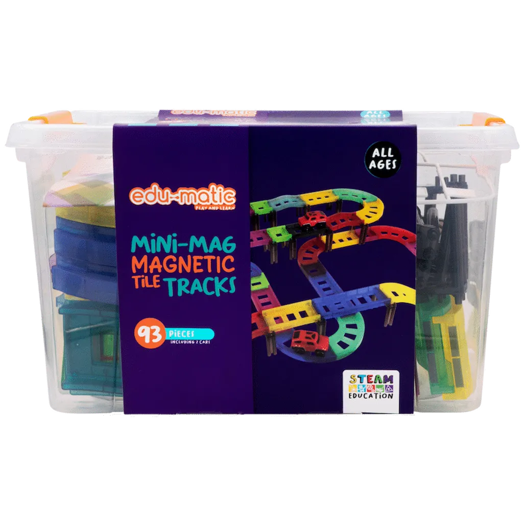 Edu-Matic Mini-Mag Magnetic Tile Tracks with 2 Cars and 93 Pieces
