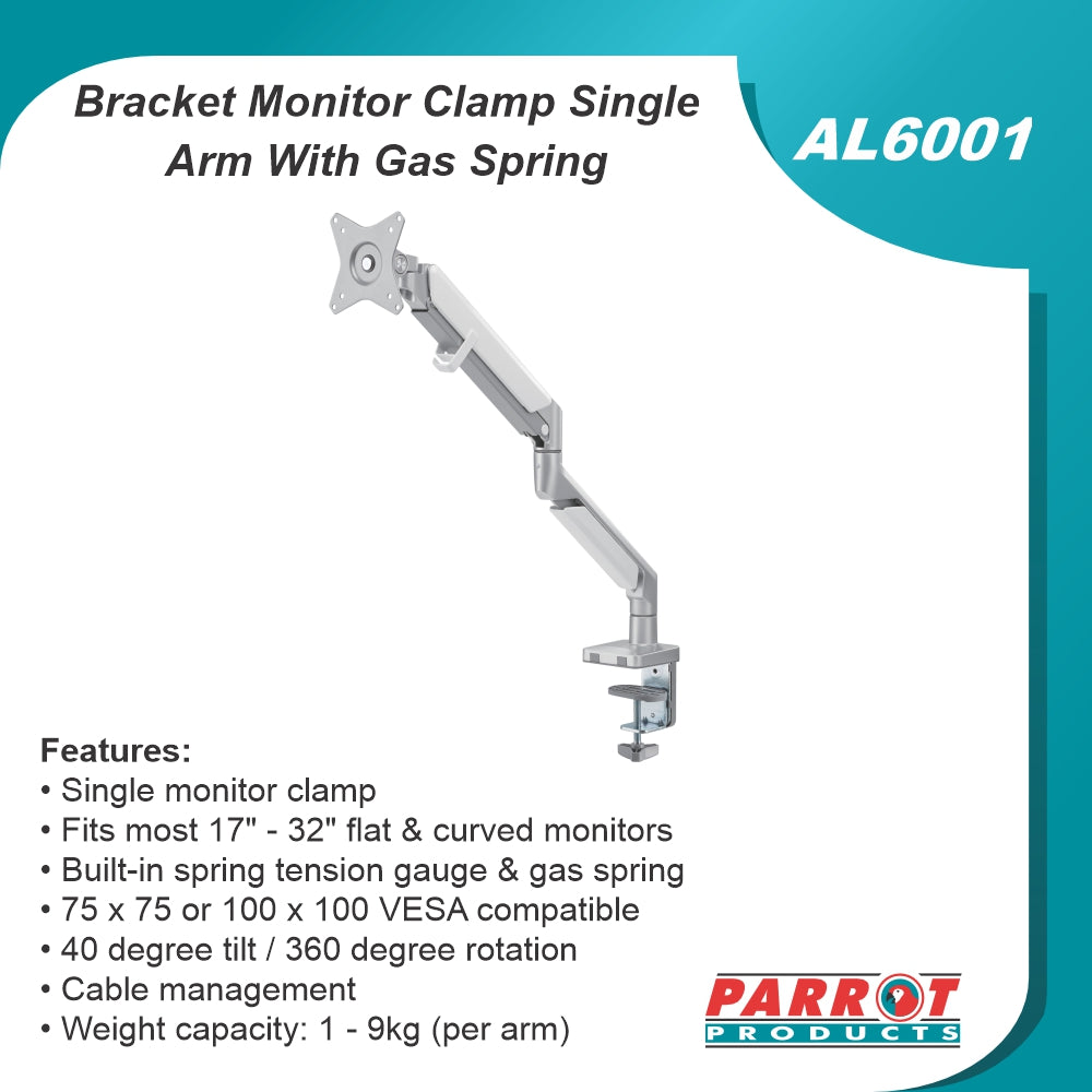 Single Monitor Clamp Bracket with Gas Spring Arm