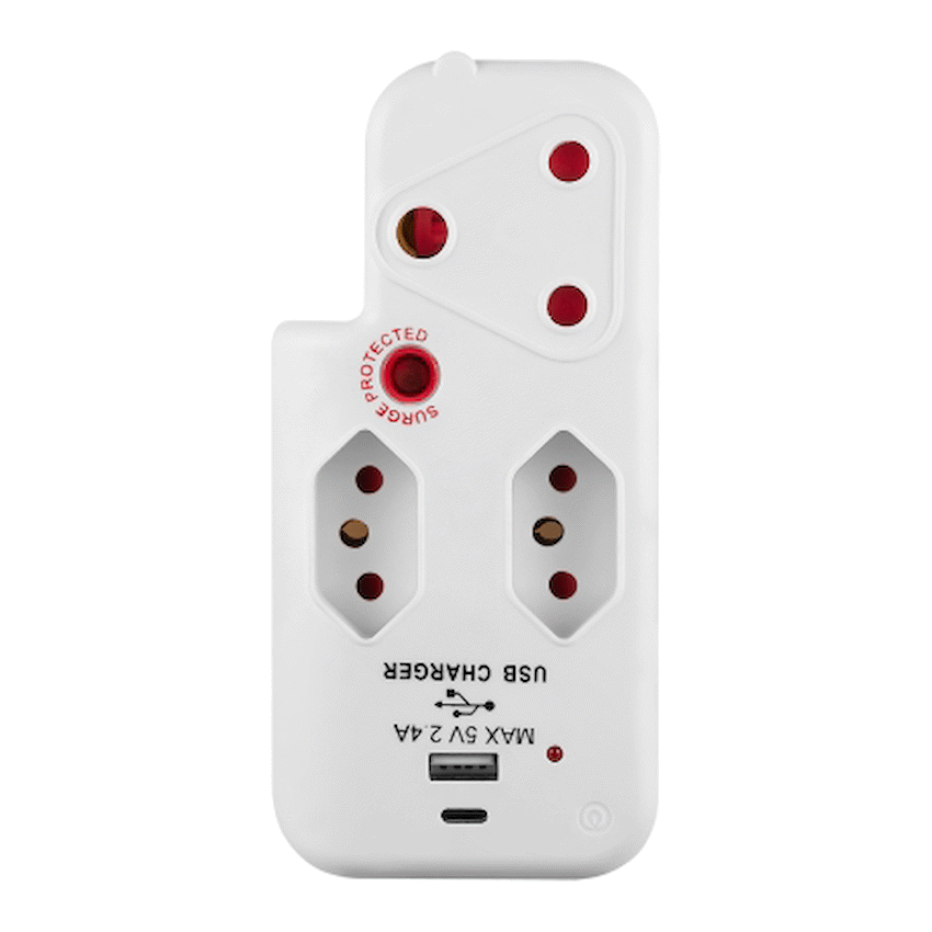 Switched 3-Way Medium Surge Adaptor with Type-C + USB - White