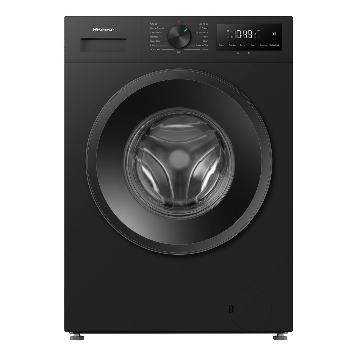The WD1I9042BK is a Hisense 9kg front-loader washer-dryer combo finished in black